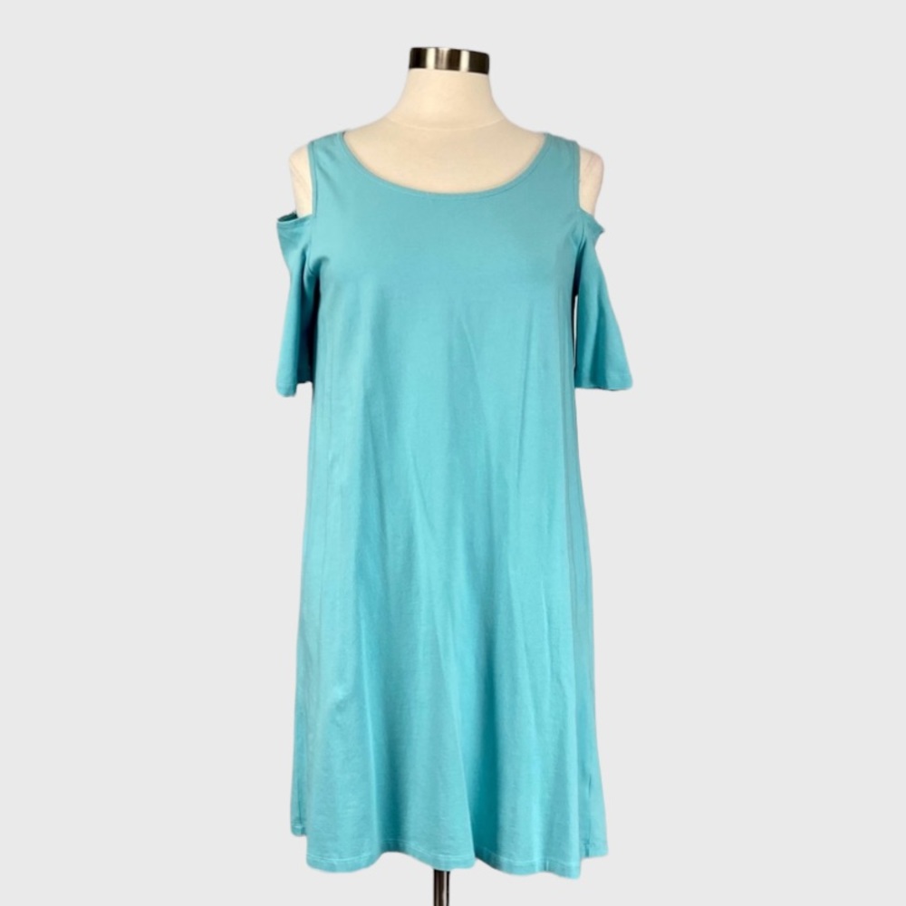 Tyler Boe Womens Short Sleeve Cold Shoulder Shift Dress Aqua Blue size Medium